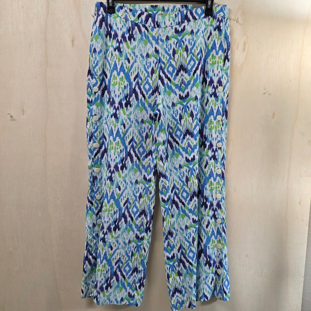 Soft Surroundings Wide Leg Pants L 14/16 Blue Green Ikat Print Side Button NEW